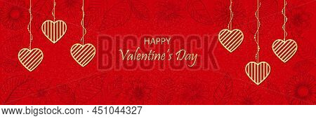 Happy Valentine's Day Banner. Holiday Background Design With Golden Shiny Hearts Like Pendants Jewel