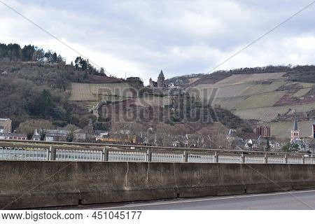 Bacharach, Germany - 03 14 2022: View Across The Rhine To Bacharach And The Castle Above