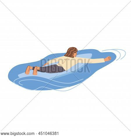 Male Surfer Swmming On Surfboard Vector Flat Illustration. Guy In Swimwear Prepares For Wave Ride At