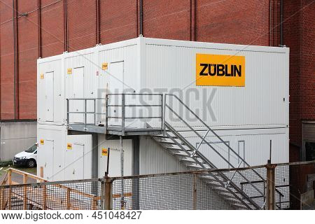 Hamburg, Germany - August 29, 2014: Construction Site Modular Office Containers Of Zublin Company In