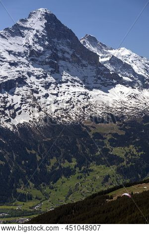 Grindewald, Switzerland - June 01, 2019: People Paragliding In The Grindewald Valley In Swiss Alps W
