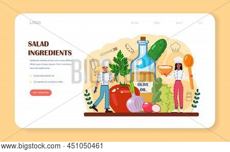 Fresh Salad In A Bowl Web Banner Or Landing Page. Peopple Cooking