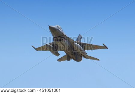 Braila, Romania - May 26, 2018. F-16 Fighting Falcon Jet Performing A Demonstration Flight At Vadeni