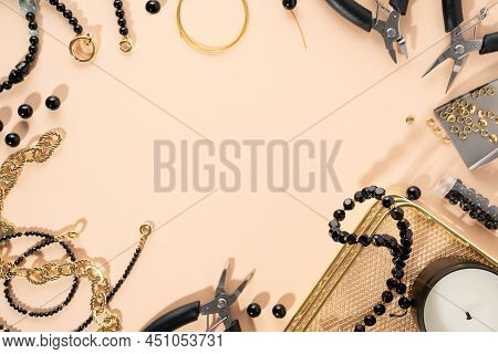 Tools And Accessories For Diy Jewelry In The Workplace. Flat Lay On Beige Background. Creative Flat