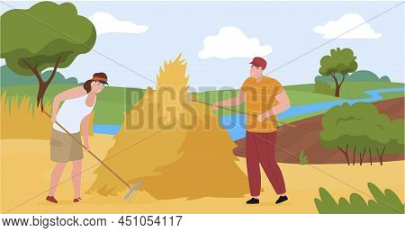Modern Man And Woman Making Hay Rakes And Pitchforks At Countryside Nature Landscape Vector Flat