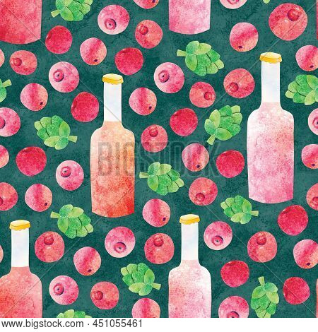 Hand-drawn Watercolor Papercut Cranberry Cowberry Fruit Craft Beer Seamless Pattern. Berries, Bottle