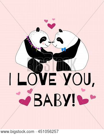 Cute And Romantic Pandas Sit Together Card. Doodle Hand Drawn Style.