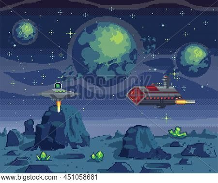 Pixel Art Cosmic Area, Game Location. Game With Celestial Characters On Aircrafts. Main Heroes Fly O