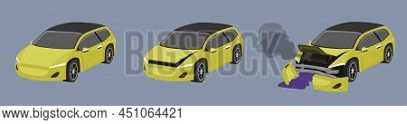 Cartoon Vector Or Illustration. Status Of The Yellow Ev Car From Normal Car To The Car Was Slightly 
