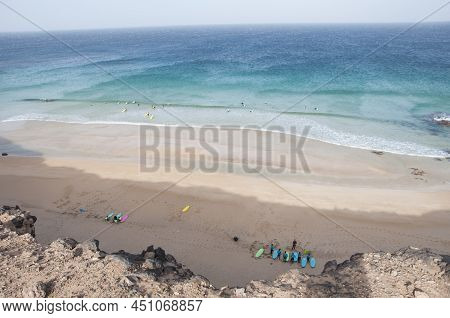 El Cotillo Fuerteventura Spain, 01-20-2022 Surf Schools Seen From The Cliff Above
