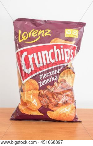 Pruszcz Gdanski, Poland - March 13, 2022: Lorenz Crunchips Baked Ribs Flavored Chips.