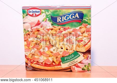 Pruszcz Gdanski, Poland - March 12, 2022: Box Of Dr.oetker Rigga Pizza With Ham And Champignons.