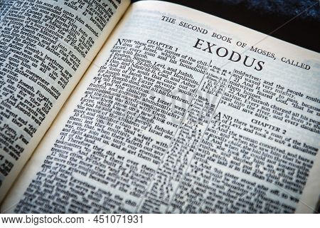 Page From 1971 King James Bible Open At Exodus  , Shallow Depth Of Field, Focus On Heading