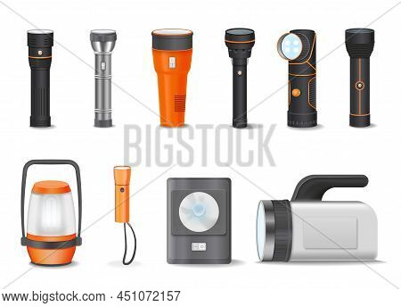 Flashlight Realistic Set With Isolated Icons Of Handy Flashlights Lamps Of Various Shape And Body De