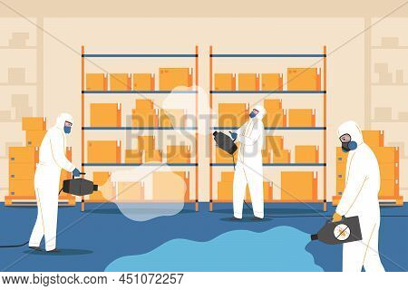 Pest Control Service Flat Background With Exterminators Of Insects In Chemical Protective Suits Work