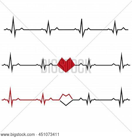 Set Of Black Heartbeats Isolated On White Background. Electro-cardiogram, Pulse Of Heart Design Elem