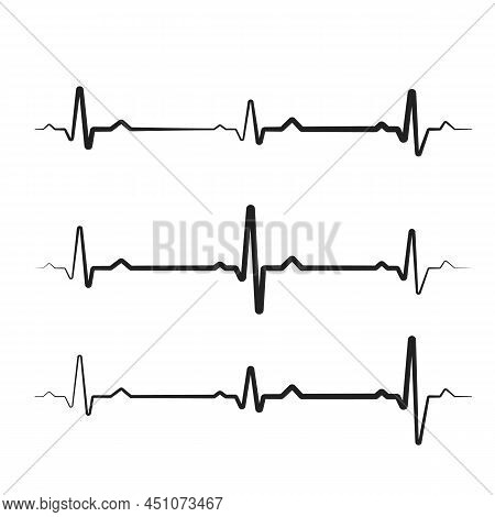 Set Of Black Heartbeats Isolated On White Background. Electro-cardiogram, Pulse Of Heart Design Elem