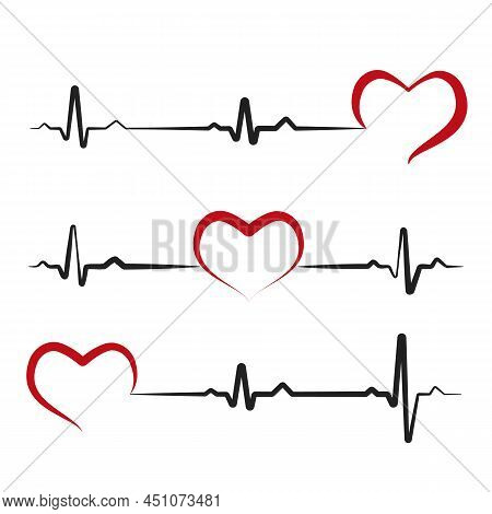Black Heartbeat With Red Heart Isolated On White Background. Electro-cardiogram, Pulse Of Heart. Lov