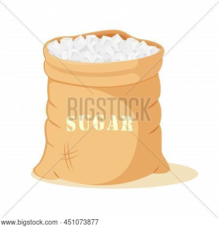 Refined Sugar Cubes In An Open Canvas Bag. Packing Of Sweet Crystals.
