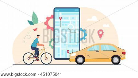 Man On Bike Tracking Route On Screen Of Smartphone. Person Using Mobile App With Interactive Map, Pi