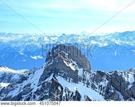 View Of The Snow-capped Alpine Peak Altmann (2435 M) In Alpstein Mountain Range And In Appenzell Alp