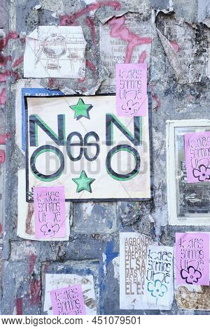 Caba, Buenos Aires, Argentina; March 8, 2022: International Feminist Strike. Wall Full Of Posters An