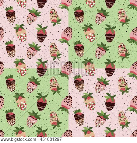 Seamless Repeat Pattern With Strawberry In Chocolate, Glaze, Sprinkle On Green Pink Background