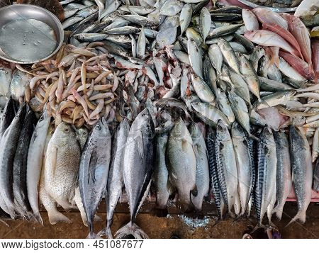 Fresh Sea Fish Are Sliced And Sold In The Fresh Market. In Thailad.