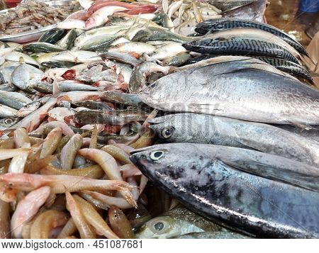 Fresh Sea Fish Are Sliced And Sold In The Fresh Market. In Thailad.