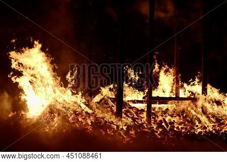 Buergbrennen Festival In Luxembourg. Celebrating End Of Winter Beginning Of Spring By Burning Mock C