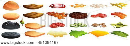Burger And Sandwich Constructor With Buns, Bread Toasts, Cheese, Vegetable Slices, Meat And Sauces. 