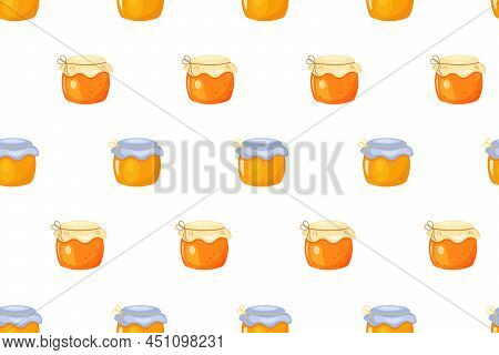 Honey Seamless Pattern. Cartoon Colored Jam Jars On White Background.