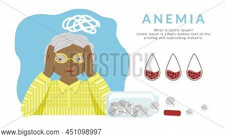 Elderly Woman Is Holding Her Head And Feeling Tired, Weak Due To Lack Of Iron In Her Serum. The Conc