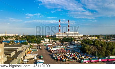 Aerial Top View Of Industrial Park Zone From Above, Factory Chimneys And Warehouses, Industrial Dist