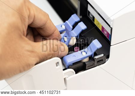 Technicians Are Cover The Fill Hole With A Seal Of An Inkjet Printer, The Device Of Office Automate 