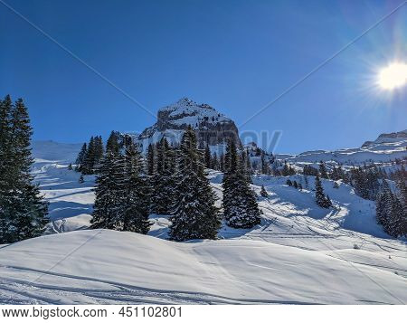 Beautiful Skitour In The Swiss Mountains. Ski Mountaineering In Innerthal On The Mutteristock. Mount