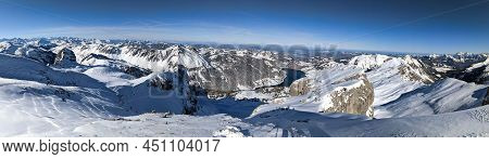 Beautiful Mountain Panorama From The Mutteristock Summit To The Wagitalersee In The Canton Of Schwyz