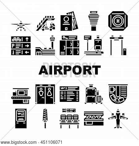 Airport Electronic Equipment Icons Set Vector. X-ray Security Technology For Scanning Traveler Bagga