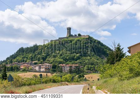Raficofani - Italy. June 04, 2021: Radicofani Town Beneath And Fortress (fortezza Di Radicofani) On 