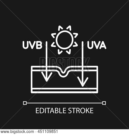 Sun Effect On Skin White Linear Icon For Dark Theme. Ultraviolet Rays Types. Sun Exposure Damage. Th