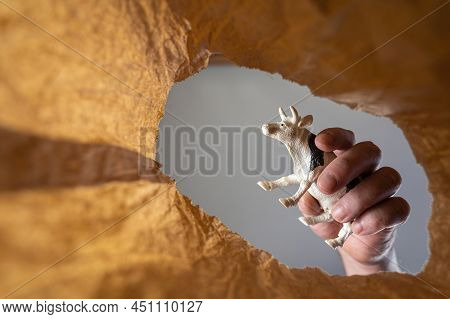 A Hand Places A Cow Figurine In A Paper Bag. A Mature Man's Hand Holds A Child's Toy Over An Open Br