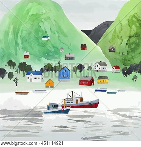 Norway. Undredal, Village At Aurland Fjord. Watercolor Vector Landscape With Norwegian Houses, Trees