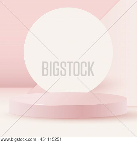 Minimalistic Stage With A Round Podium. A Cylindrical Podium Against A Background Of Soft Postel Ton