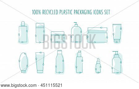 Recycled Cosmetic Plastic Bottles Set - Eco Packaging Icon. Vector Stock Illustration Isolated On Wh