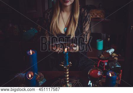 Shaman Woman Doing Ritual Magic For Helping. Concept Of Pagan Or Wicca Magic. Old And New World