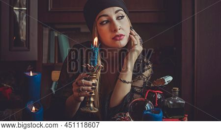 Shaman Woman Doing Ritual Magic For Helping. Concept Of Pagan Or Wicca Magic. Old And New World