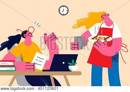 Waitress Serving Smiling Woman Client Working On Computer In Cafe Or Restaurant. Server Bring Food T