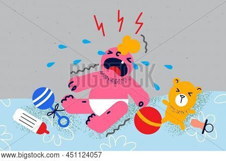 Unhappy Baby Infant In Diaper Crying Screaming Want Parent Attention. Upset Little Newborn Kid Yell 