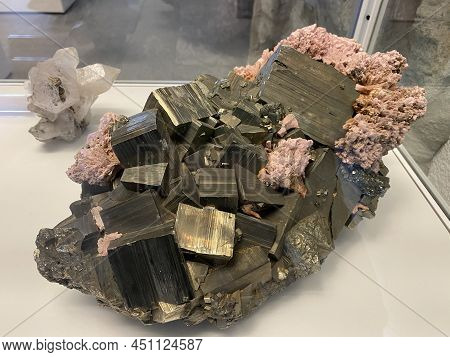 Pyrite, Rhodochrosite Or Pyrit, Rhodochrosit (minerals And Crystals In The Exhibition Mount Säntis -