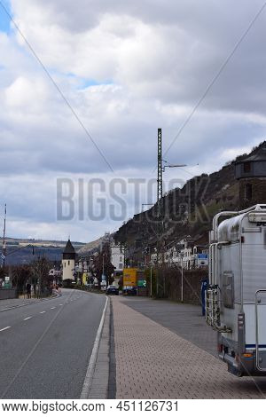 Kaub, Germany - 03 14 2022: Waterfront Street Of Kaub At The Rhine